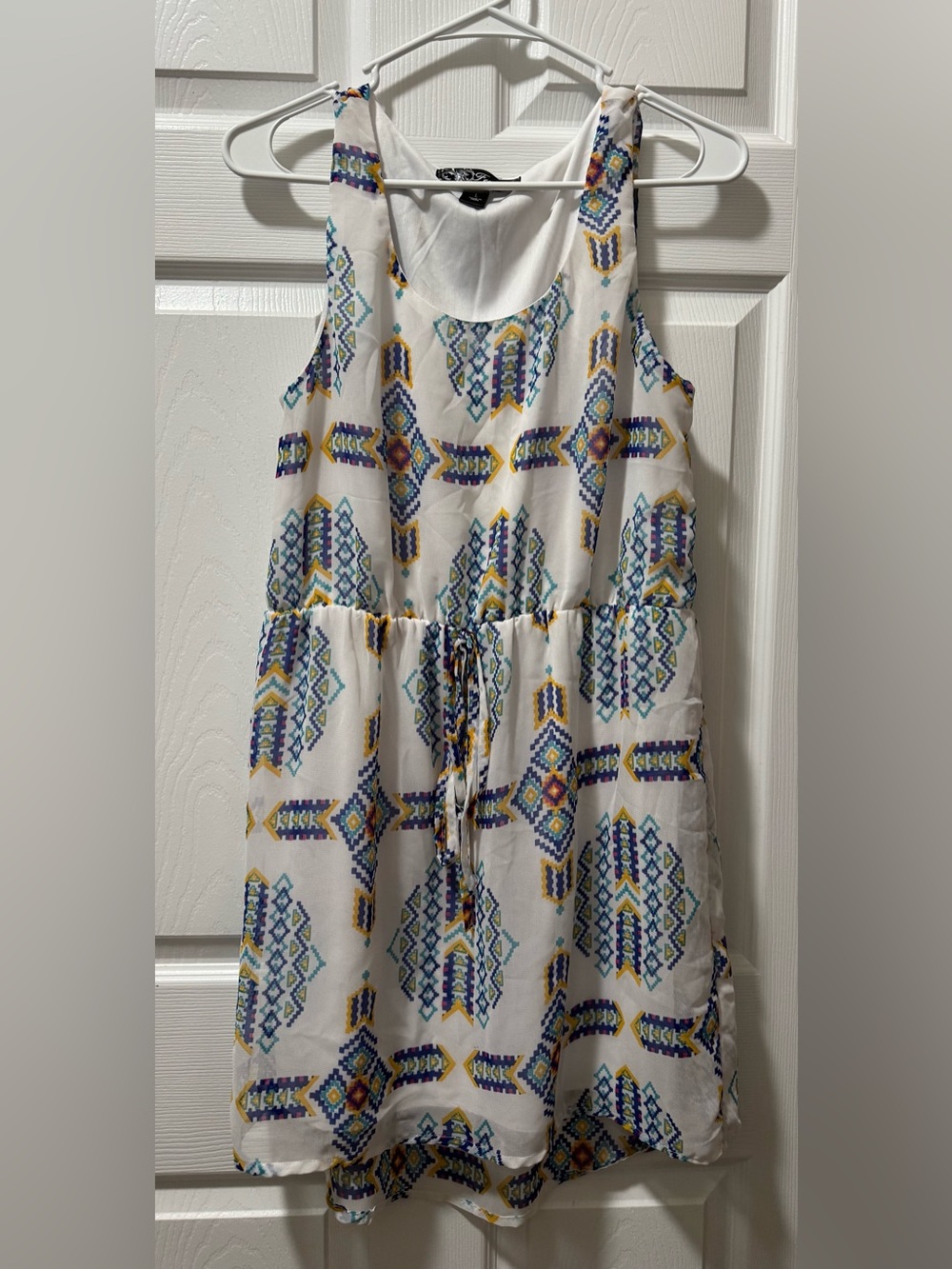 Sleeveless White Tank Dress with Blue, Yellow & Teal Aztec Print